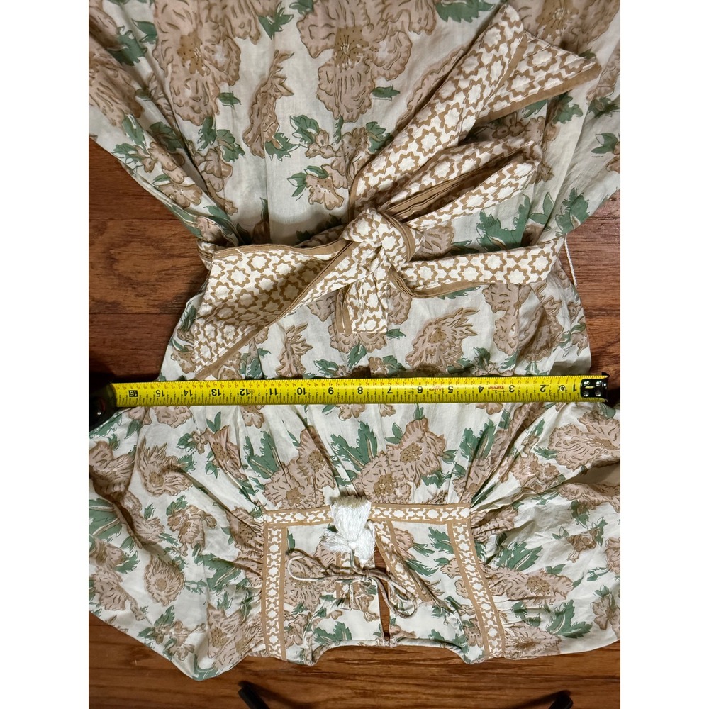 Cleobella floral Organic Cotton Mini Dress Tan Green Boho Tassel Belt Smal - Picture 2 of 6